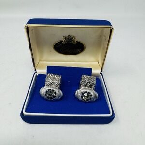 Big Bold Men's‎ Cuff links Gray Glass & Silver Metal 1960's Style Le Chevron Box
